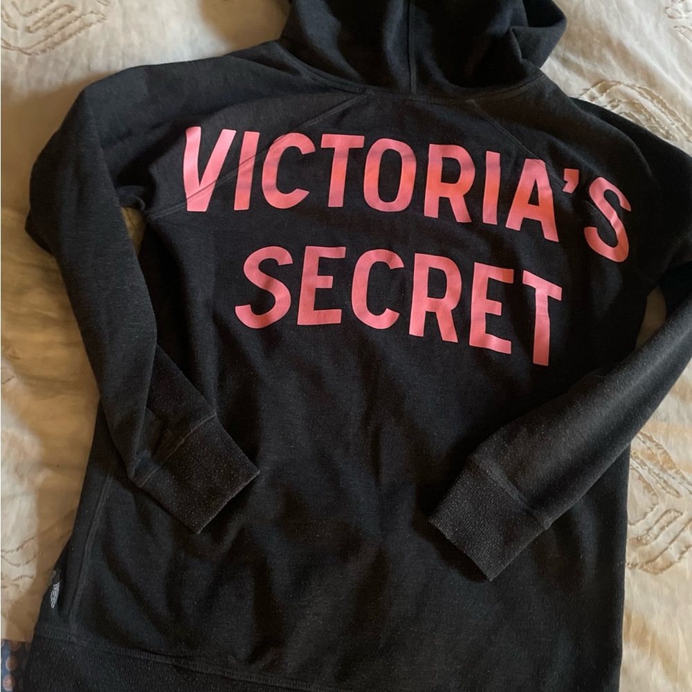Victoria's Secret Gray Pullover V-neck Hoodie With Pink Lettering